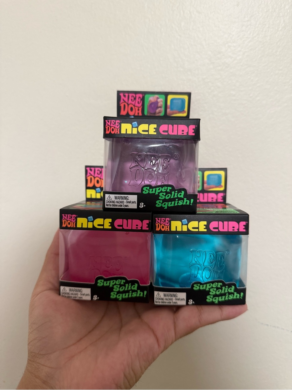 NeeDoh Nice Cube Squishy Toy Set of 3- Purple, Pink, Blue